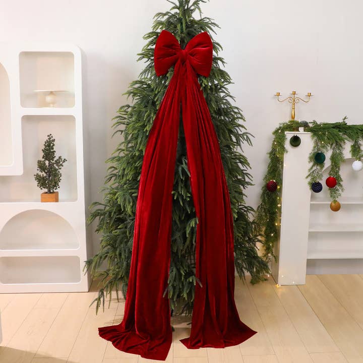 Oversized Red Velvet Bow Draped for Minimalist Impact — Bow Christmas Tree Topper
