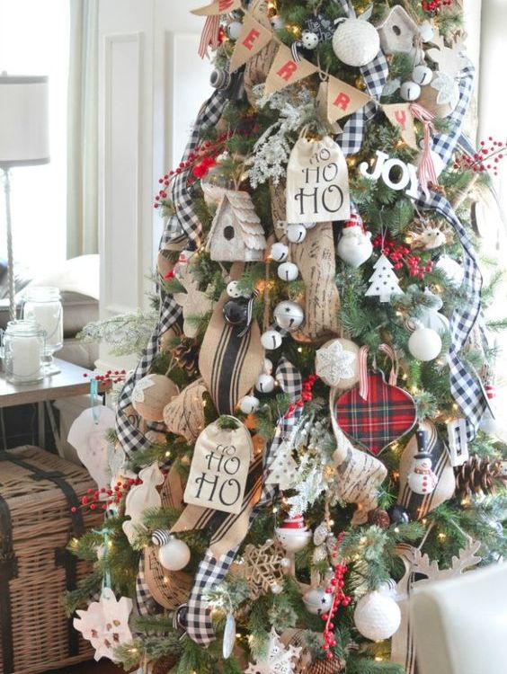Rustic Farmhouse Tree with Plaid, Burlap, and Birdhouses — Rustic Christmas Tree