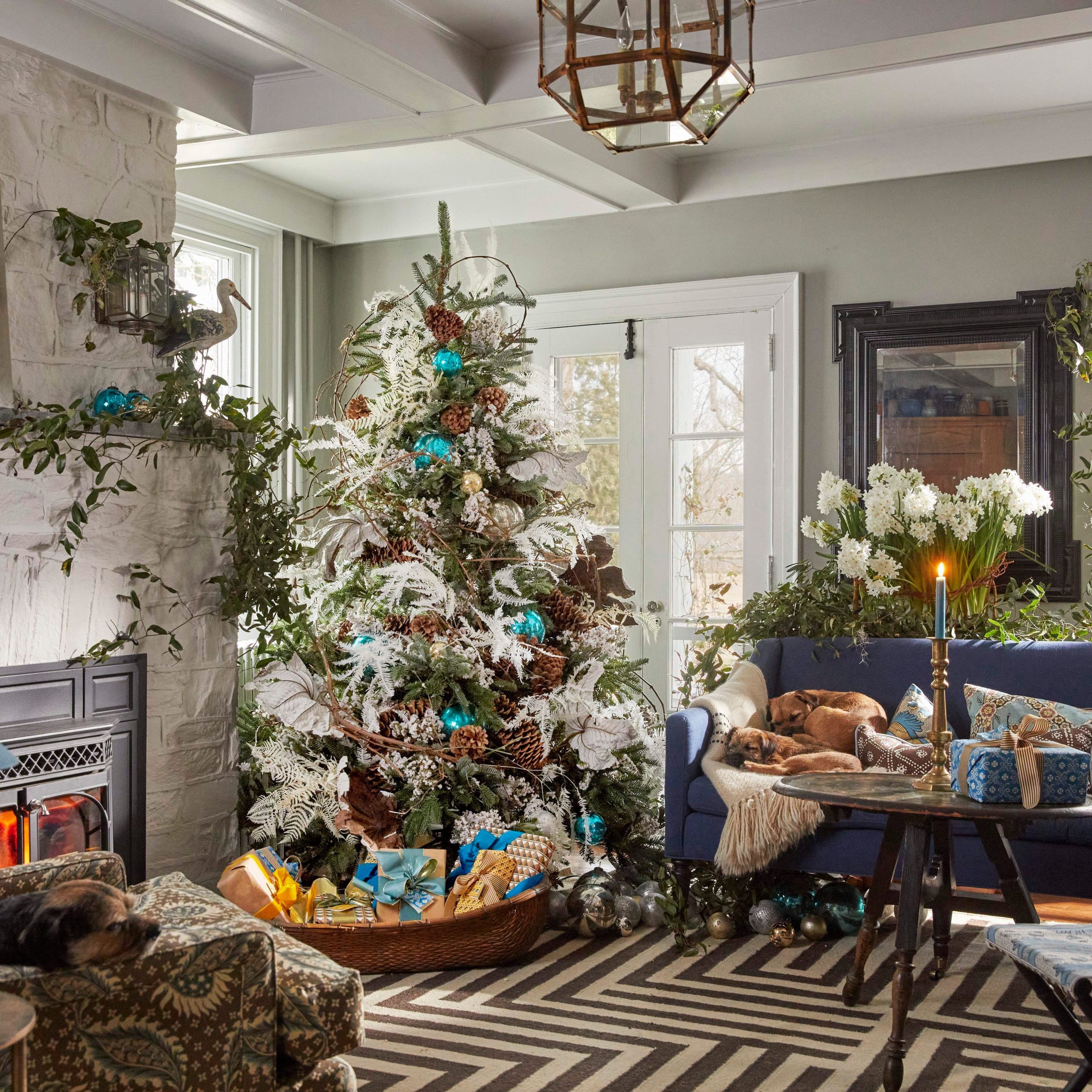 Cozy Living Room with Frosted Tree and Blue Ornaments — Winter Wonderland Christmas Decor