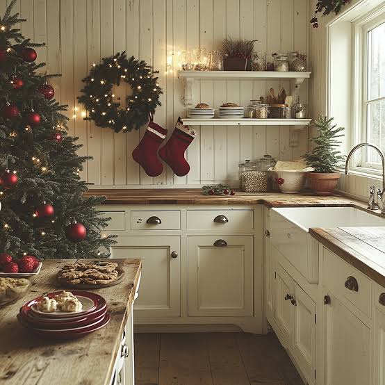 Evening Glow in a Farmhouse Kitchen with Christmas Tree and Stockings — Farmhouse Christmas Kitchen