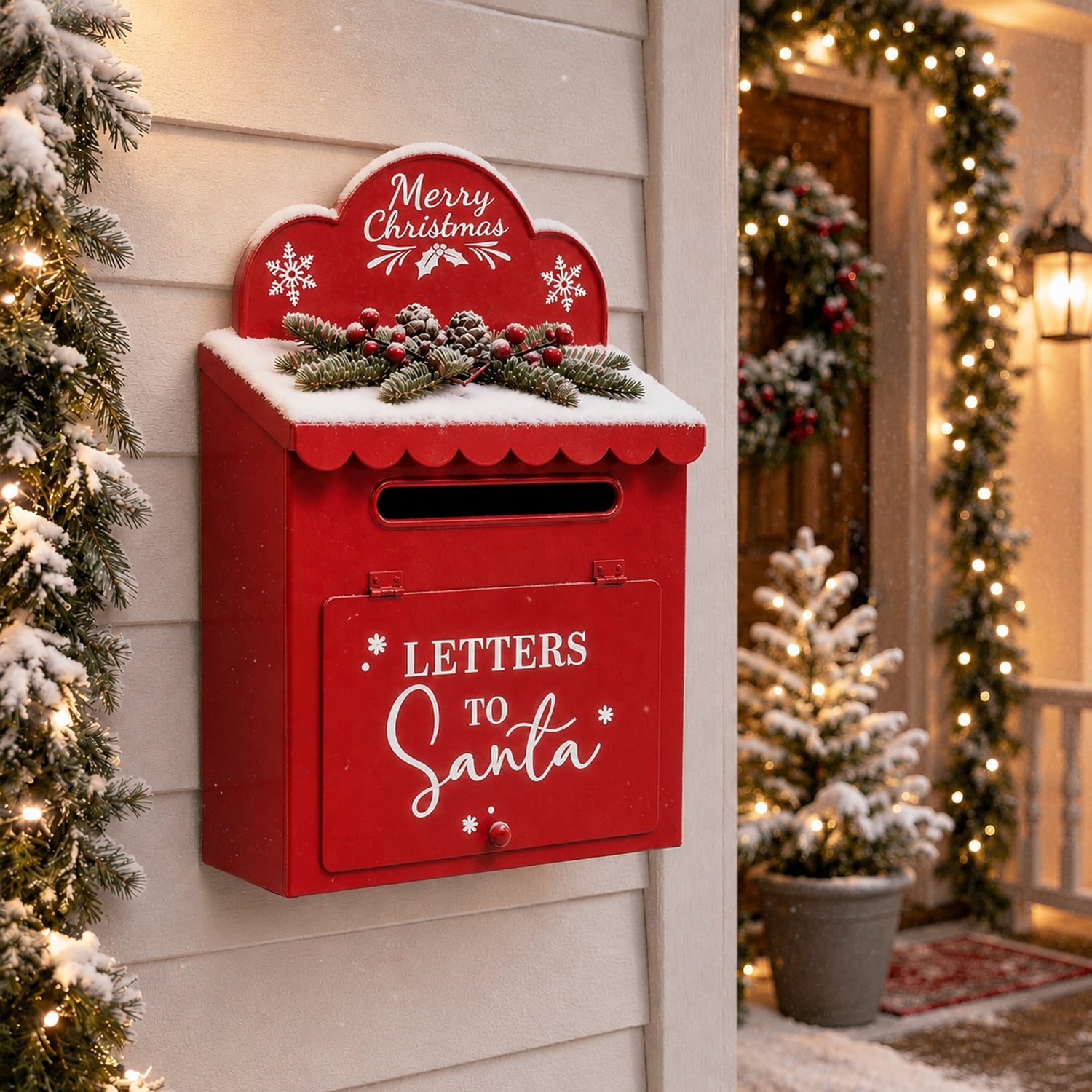 Illuminated Red Mailbox with Festive Pine Swag — Christmas Mailbox Decor