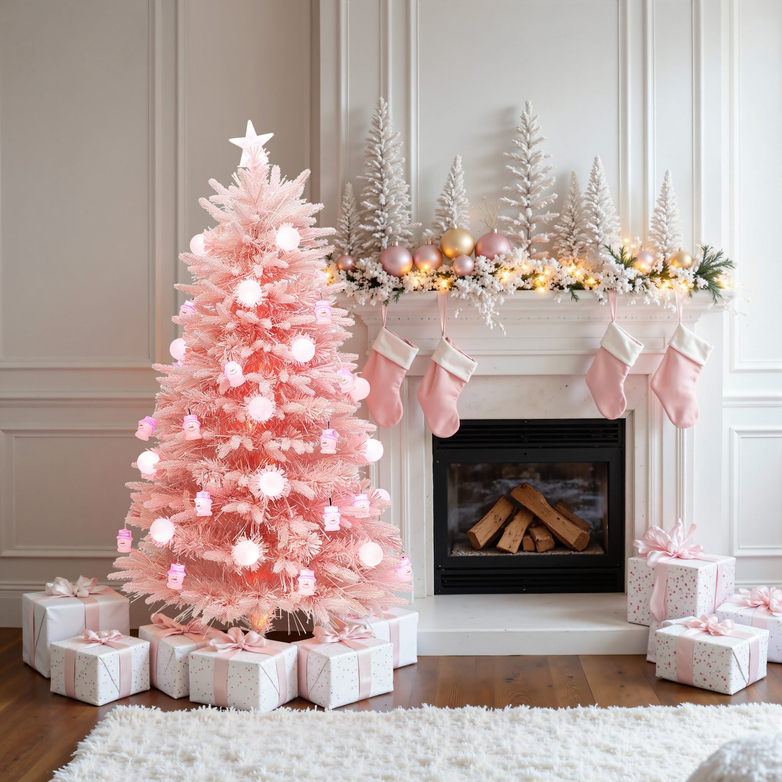 Traditional Living Room Featuring a Pastel Pink Christmas Tree and White Fireplace Traditional Living Room Featuring a Pastel Pink Christmas Tree and White Fireplace — Pink Christmas Decor
