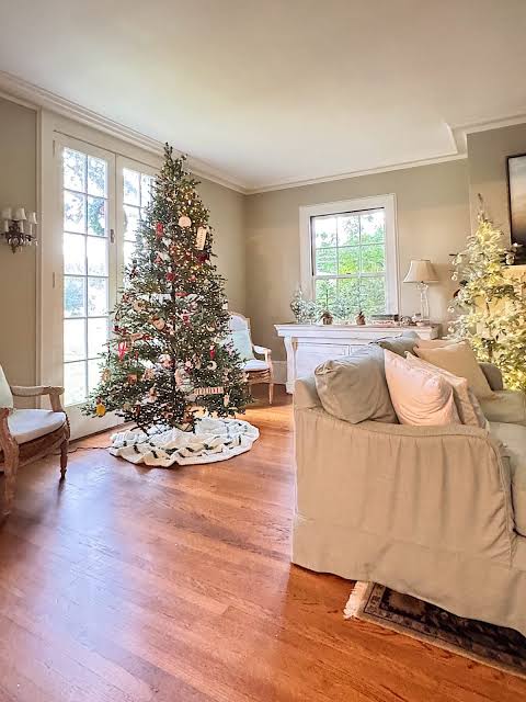Farmhouse Bedroom with Christmas Tree and Striped Bedding — Cozy Christmas Decor