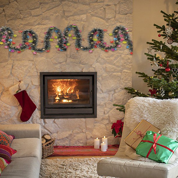 Eclectic Fireplace with Colorful Garland Lights — Christmas Fairy Lights Living Room