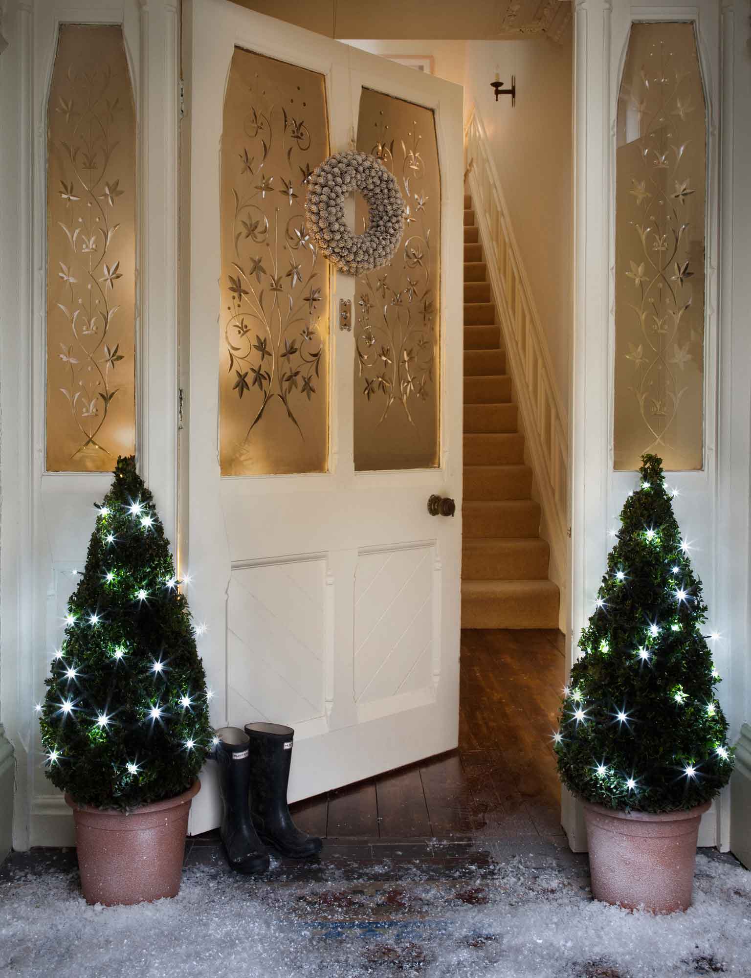 Symmetrical Porch Decor with Lit Potted Trees Symmetrical Porch Decor with Lit Potted Trees — Outdoor Christmas Lights