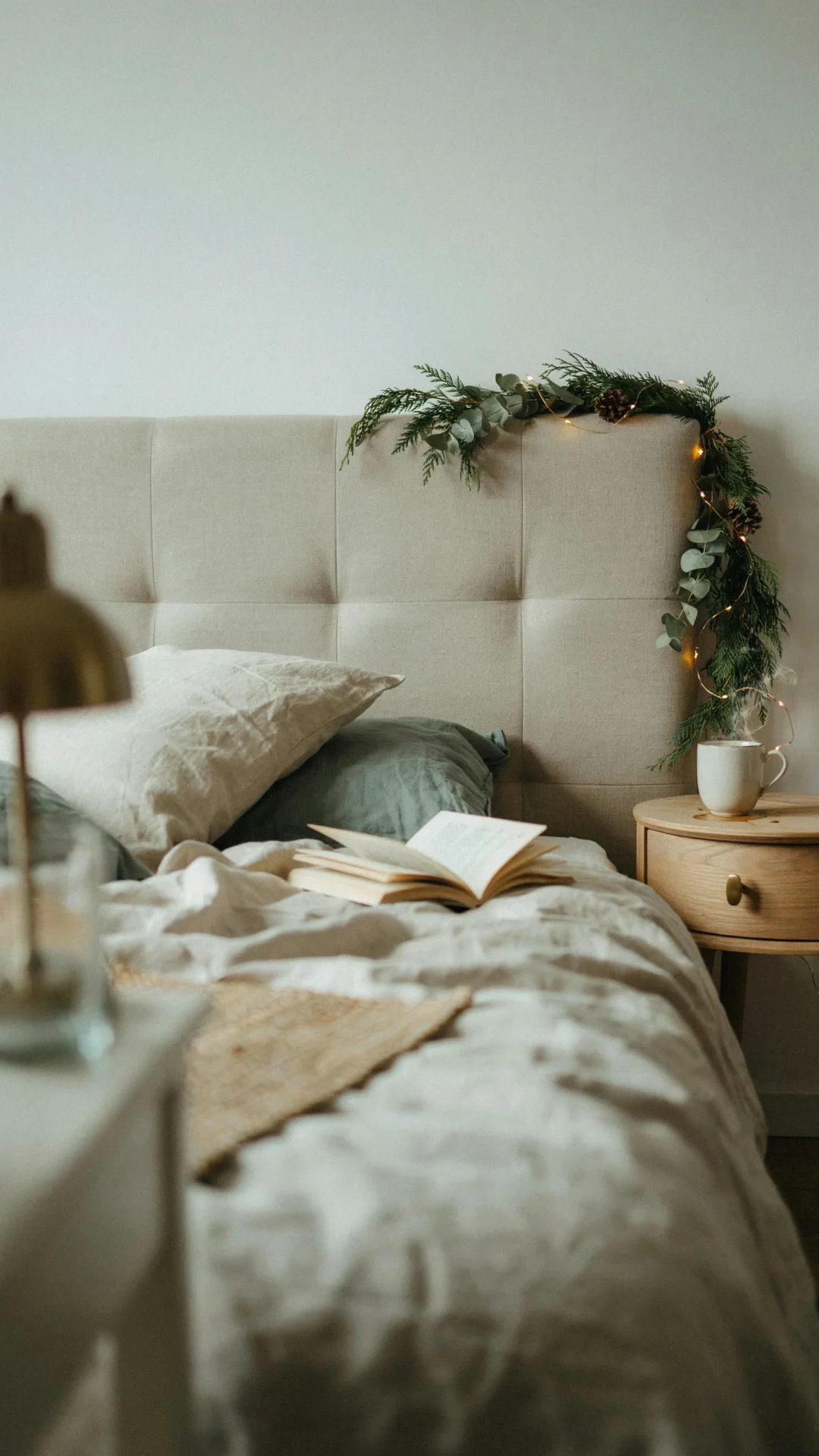 Minimalist Garland on Bed Headboard — Christmas Apartment Decor