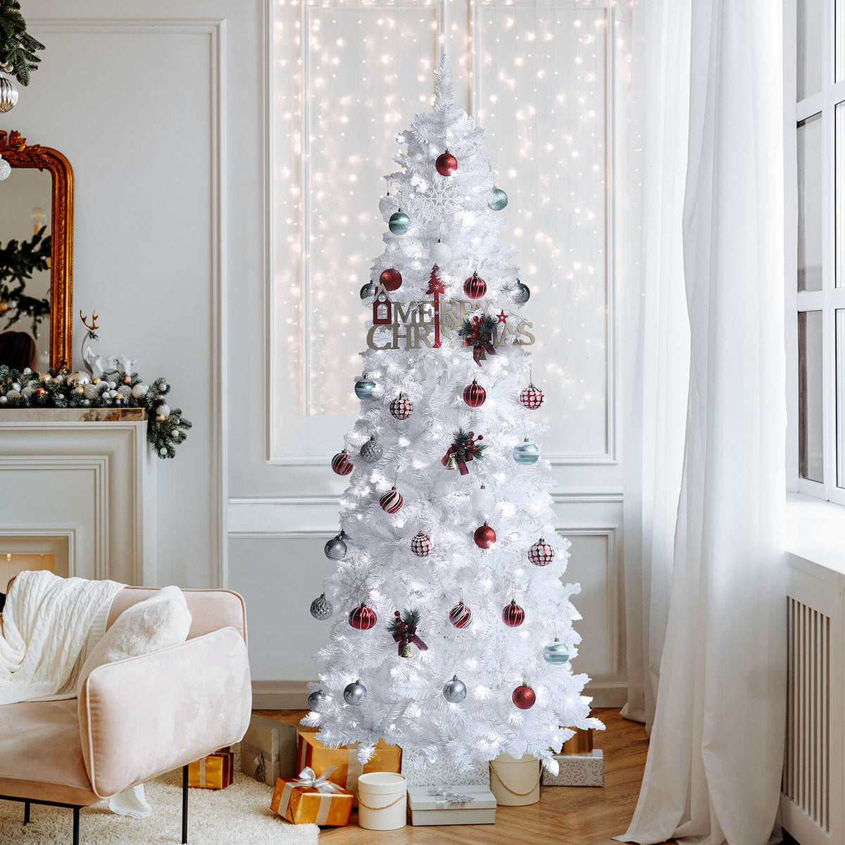 Central White Artificial Christmas Tree in a Cozy Living Room Central White Artificial Christmas Tree in a Cozy Living Room — White Christmas Decor