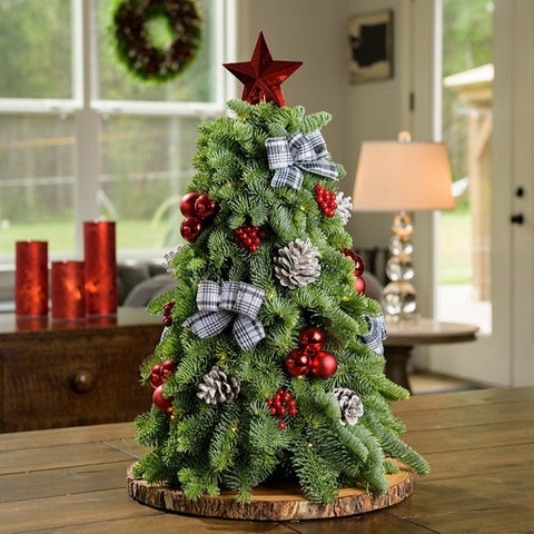 Farmhouse Dining Table Centerpiece with Plaid Accents — Tabletop Christmas Tree Decor