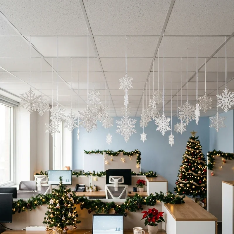 Hanging Snowflakes and Garlands in Open Plan Office Hanging Snowflakes and Garlands in Open Plan Office — Christmas Office Decor Ideas