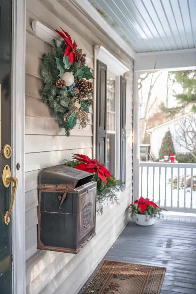 Festive Farmhouse Porch with Wall Wreath and Poinsettias — Farmhouse Christmas Porch