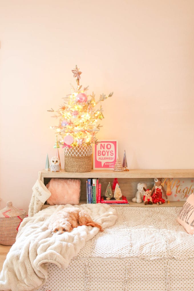 Miniature Christmas Tree on Headboard Shelf — Kids Bedroom Christmas Decor