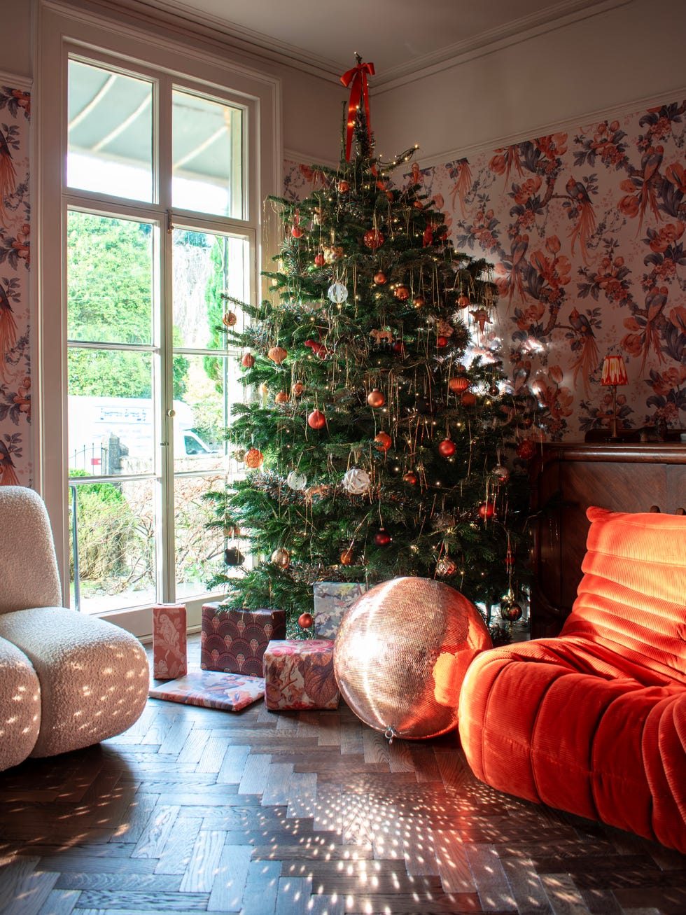 Eclectic Living Room with Disco Ball and Orange Sofa Eclectic Living Room with Disco Ball and Orange Sofa — Christmas Tree Trends 2026