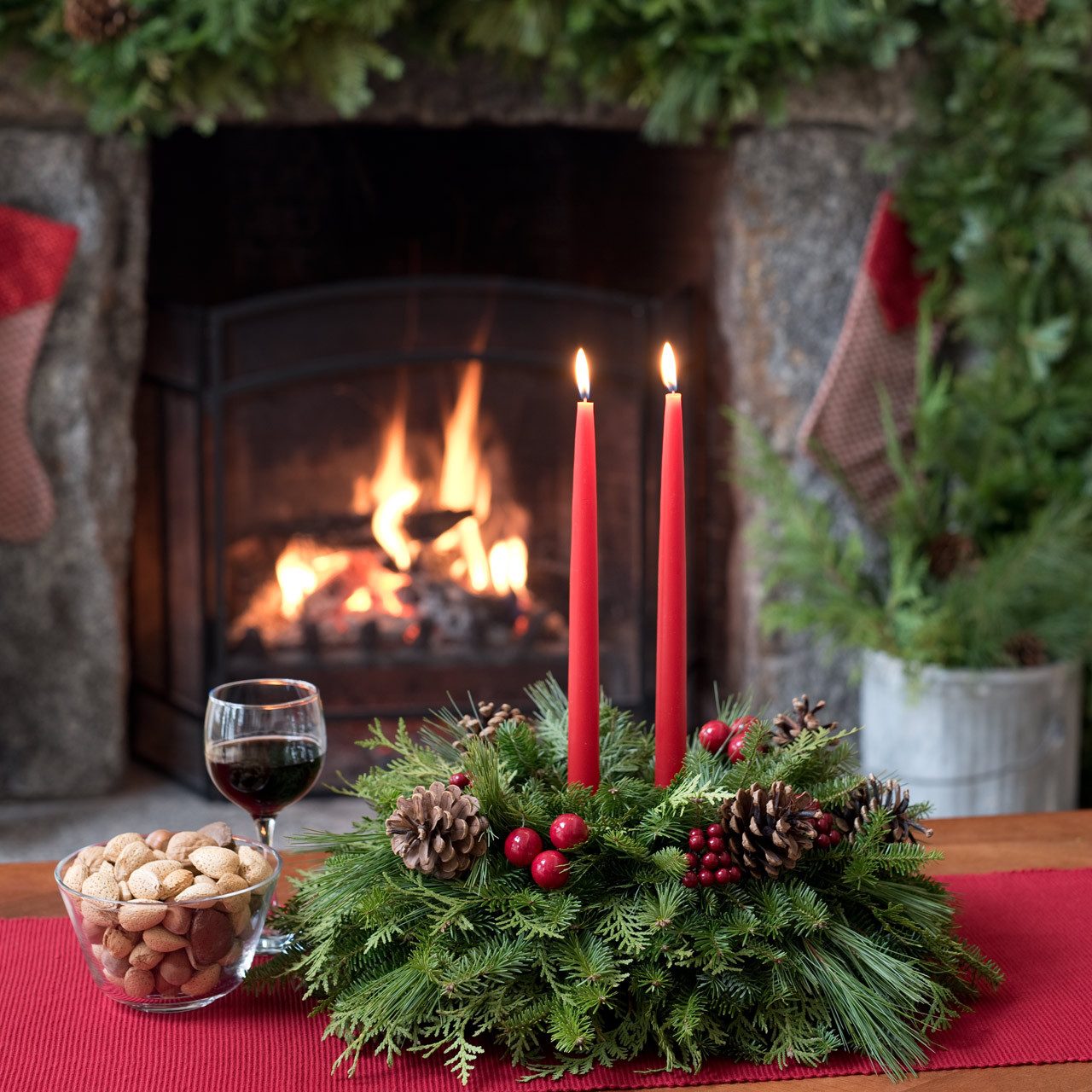 Cozy Rustic Centerpiece by a Fireplace — Christmas Centerpiece