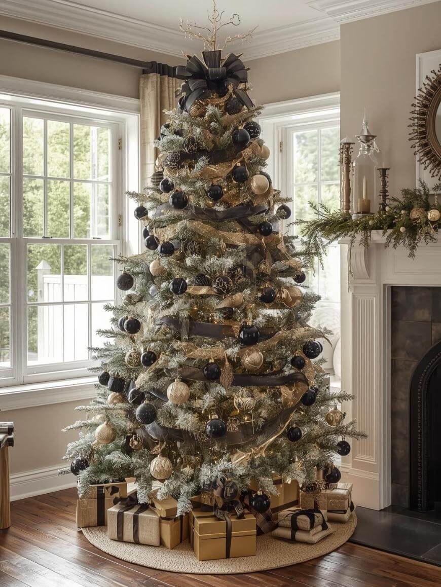 Glamorous Black and Gold Christmas Tree with Ribbon Glamorous Black and Gold Christmas Tree with Ribbon