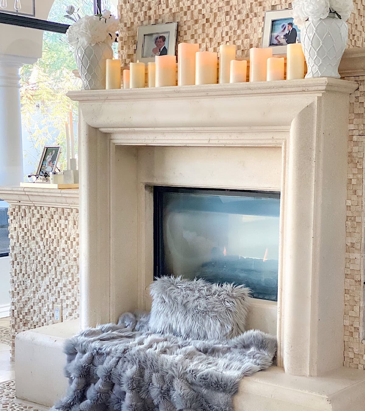Modern Cozy Fireplace with Stone Surround and Faux Fur Accents — Winter Decor After Christmas