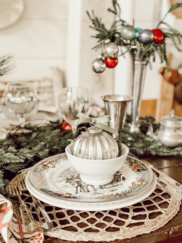 Elegant Silver Ornament as Part of a Vintage Table Setting — Vintage Christmas Ornaments