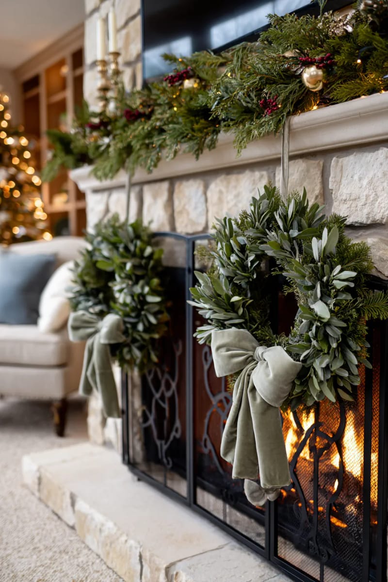Stone Fireplace Adorned with Sage Green Wreaths — Sage Green Christmas Decor