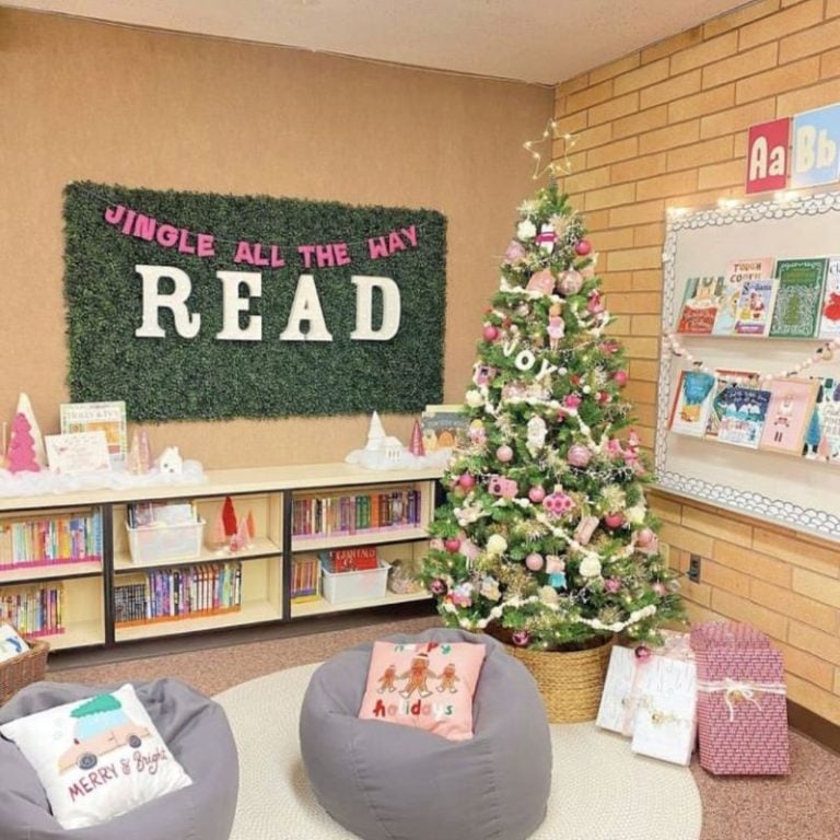 Cozy Reading Nook with a Pink Christmas Tree — Christmas Classroom Decor