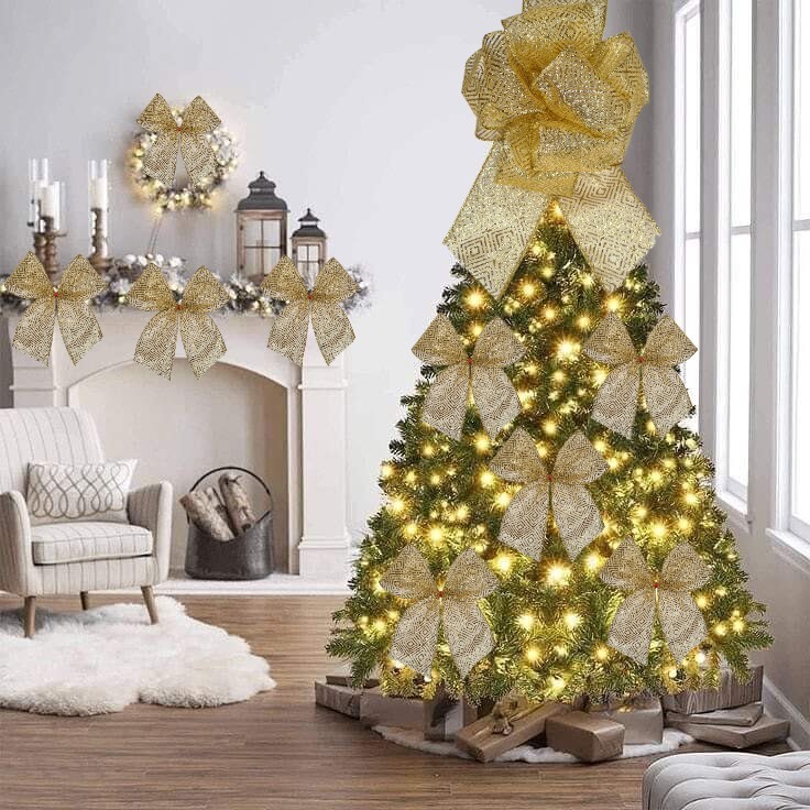 Festive Gold Glitter Bows Adorning a Sparkling Tree — Bow Christmas Tree Topper
