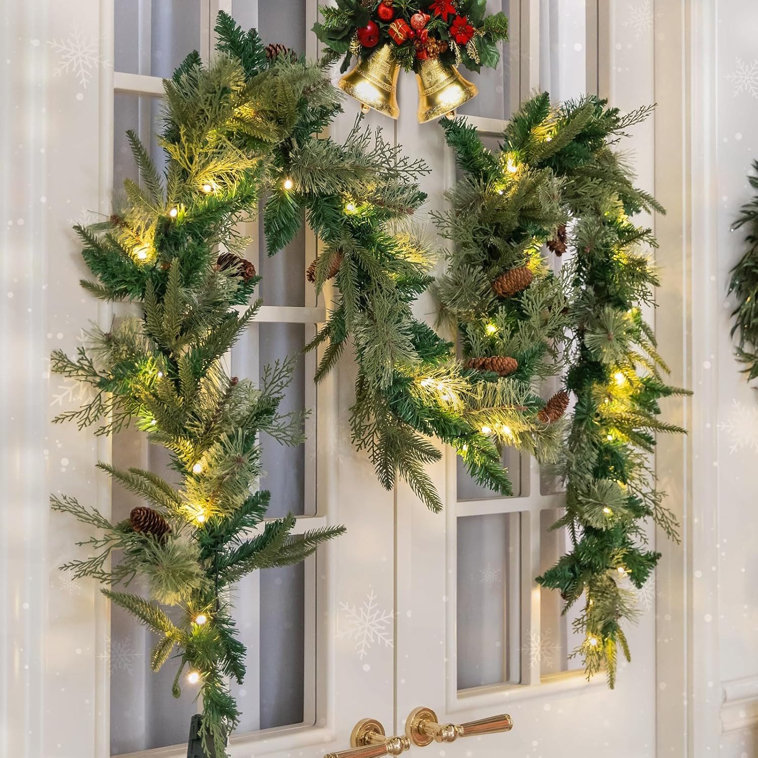 Layered Christmas Garlands with Lights on Entryway Door Layered Christmas Garlands with Lights on Entryway Door — Christmas Lights in Garland Indoor