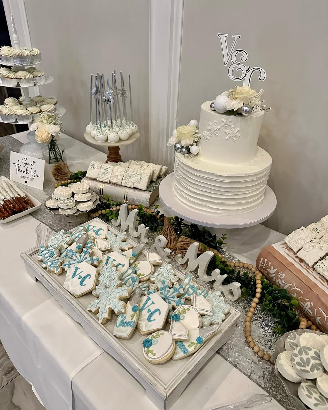 Dessert Table Featuring Snowflake and Initial Cookies Dessert Table Featuring Snowflake and Initial Cookies — Christmas Dessert Table