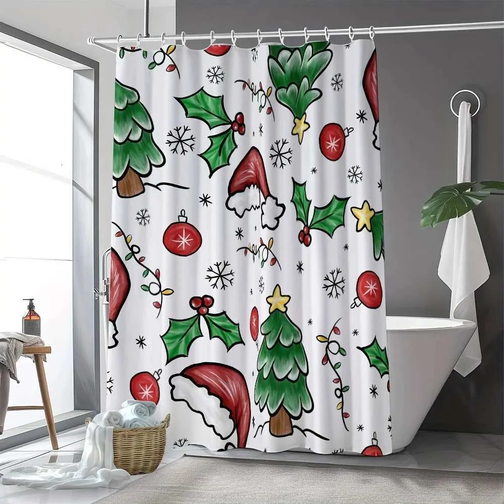 Cartoon Christmas Tree and Santa Hat Shower Curtain — Christmas Bathroom Decor