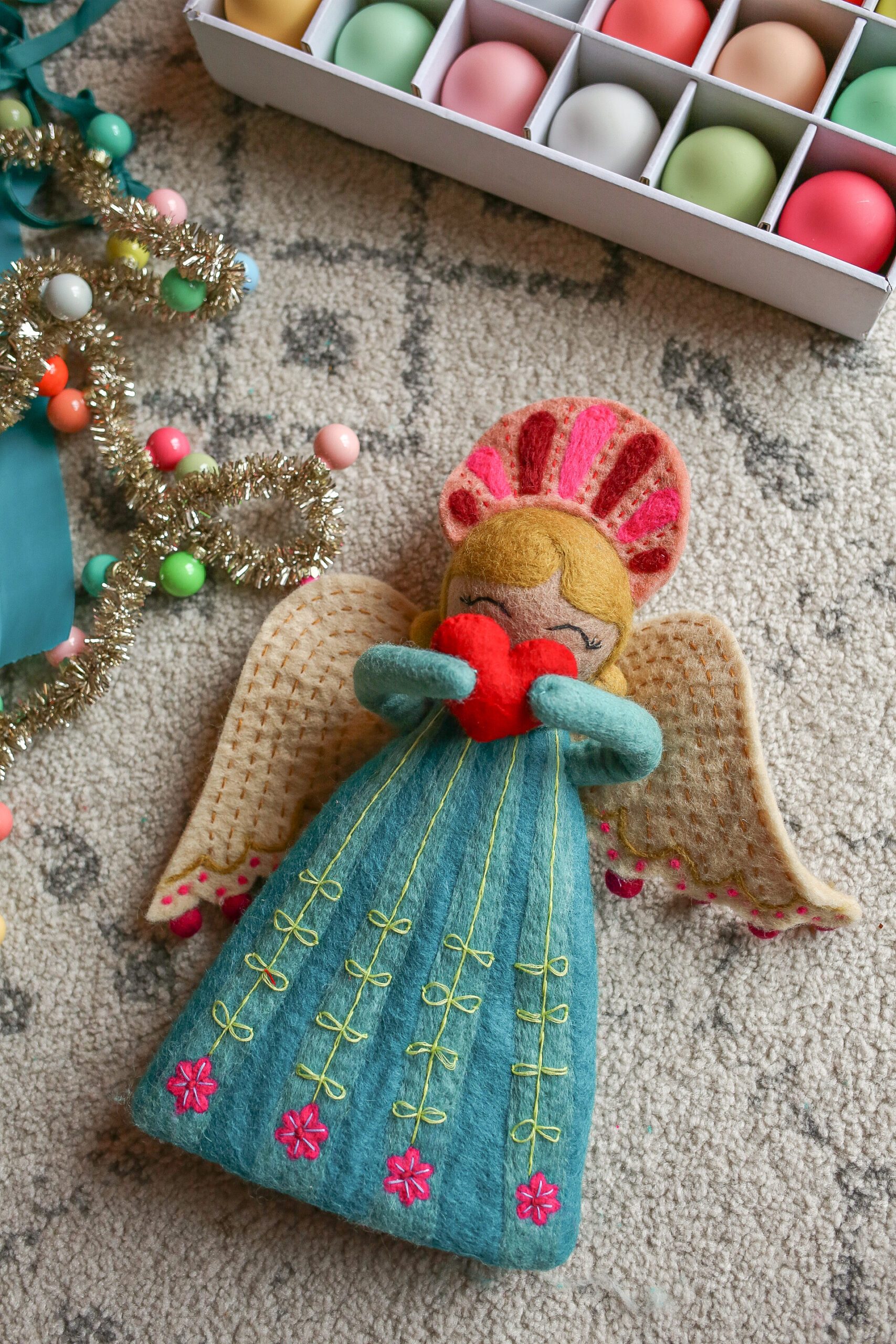 Handmade Felt Angel Ornament with Tinsel Garland Handmade Felt Angel Ornament with Tinsel Garland — Whimsical Christmas Decor