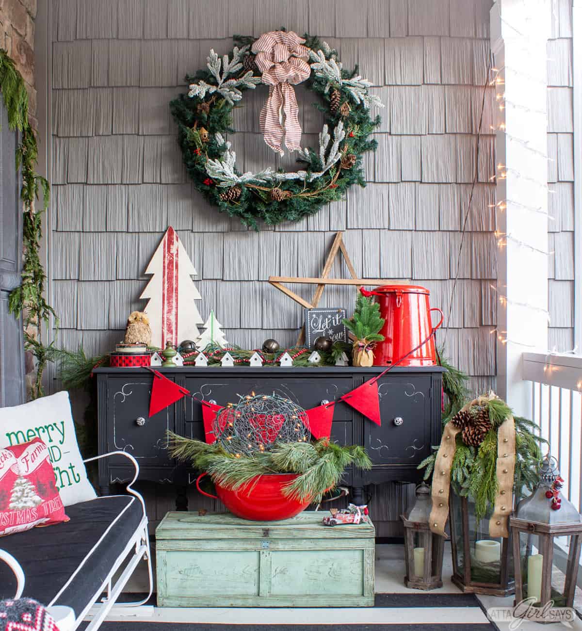 Eclectic Christmas Porch with Styled Dresser and Red Pitcher — Christmas Porch Decor