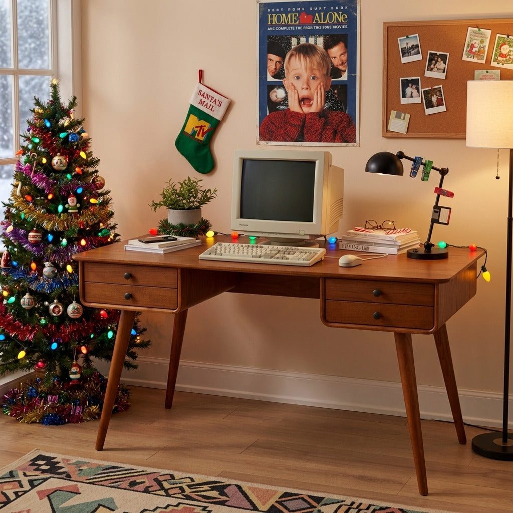 Mid-Century Modern Desk with Festive Tree and Movie Poster Mid-Century Modern Desk with Festive Tree and Movie Poster — Christmas Home Office Decor