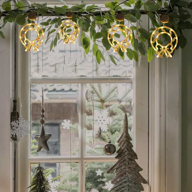 Natural Window Garland with Light-Up Wreaths Natural Window Garland with Light-Up Wreaths — Christmas Light Display Ideas