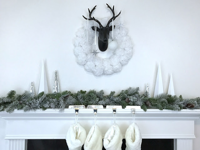 Chic Modern Mantel with Black Deer Head and White Wreath — Modern Christmas Decor