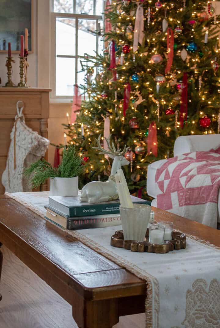 Cozy Christmas Decor Vignette on a Wooden Coffee Table Cozy Christmas Decor Vignette on a Wooden Coffee Table