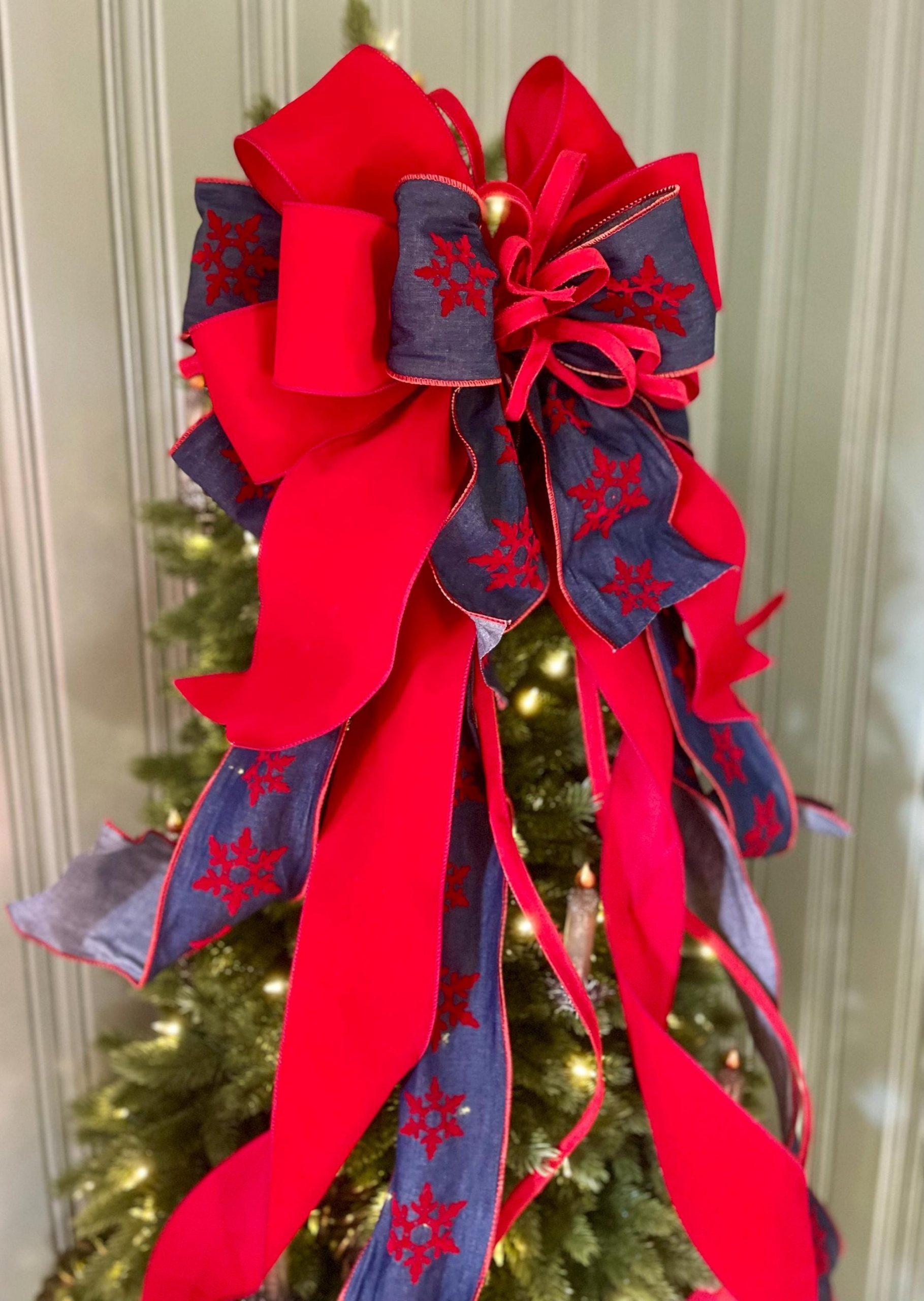 The Diana Red & Navy Blue Snowflake Christmas Tree Topper Bow - Crested Perch