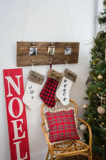 Stockings Hung on a Rustic Board with Clips — Christmas Stockings Display