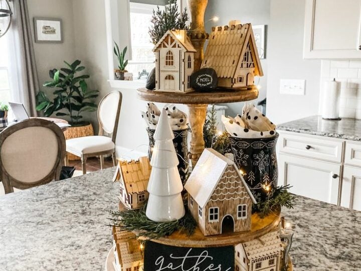Kitchen Island Tiered Tray with Gingerbread Houses — Rustic Christmas Decor