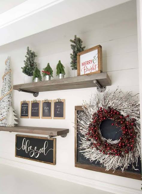 Farmhouse Shelving Display with Mini Trees and Wreaths — Christmas Wall Decor
