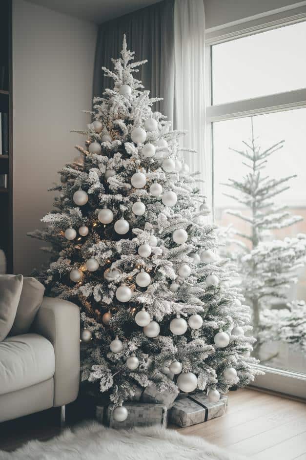 Minimalist Flocked Tree Near a Large Window in Scandinavian Style Minimalist Flocked Tree Near a Large Window in Scandinavian Style — White Christmas Tree Decor