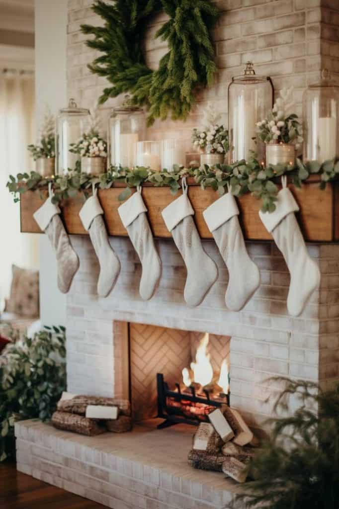 Farmhouse Mantel with Glass Jars and Abundant Stockings Farmhouse Mantel with Glass Jars and Abundant Stockings — Farmhouse Christmas Mantel