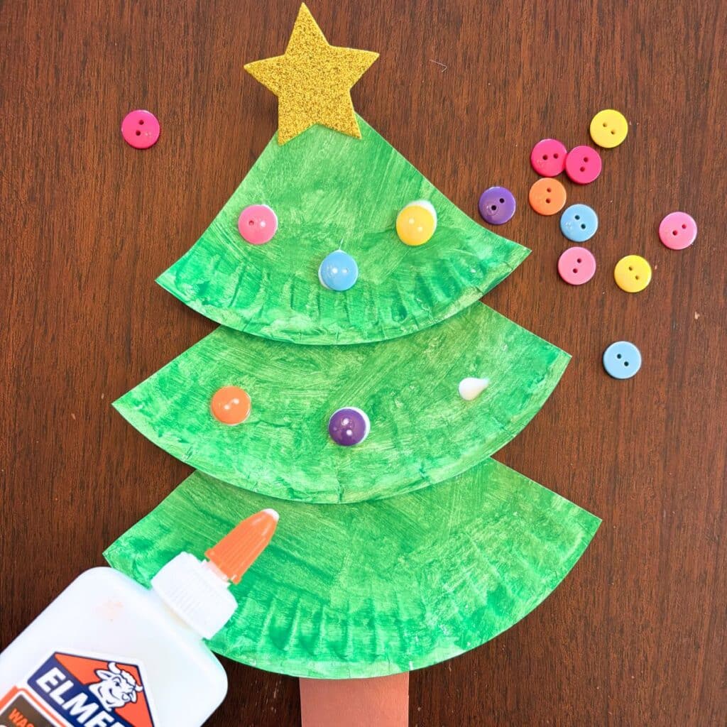 Button-Decorated Paper Plate Christmas Tree Craft — Christmas Crafts for Kids