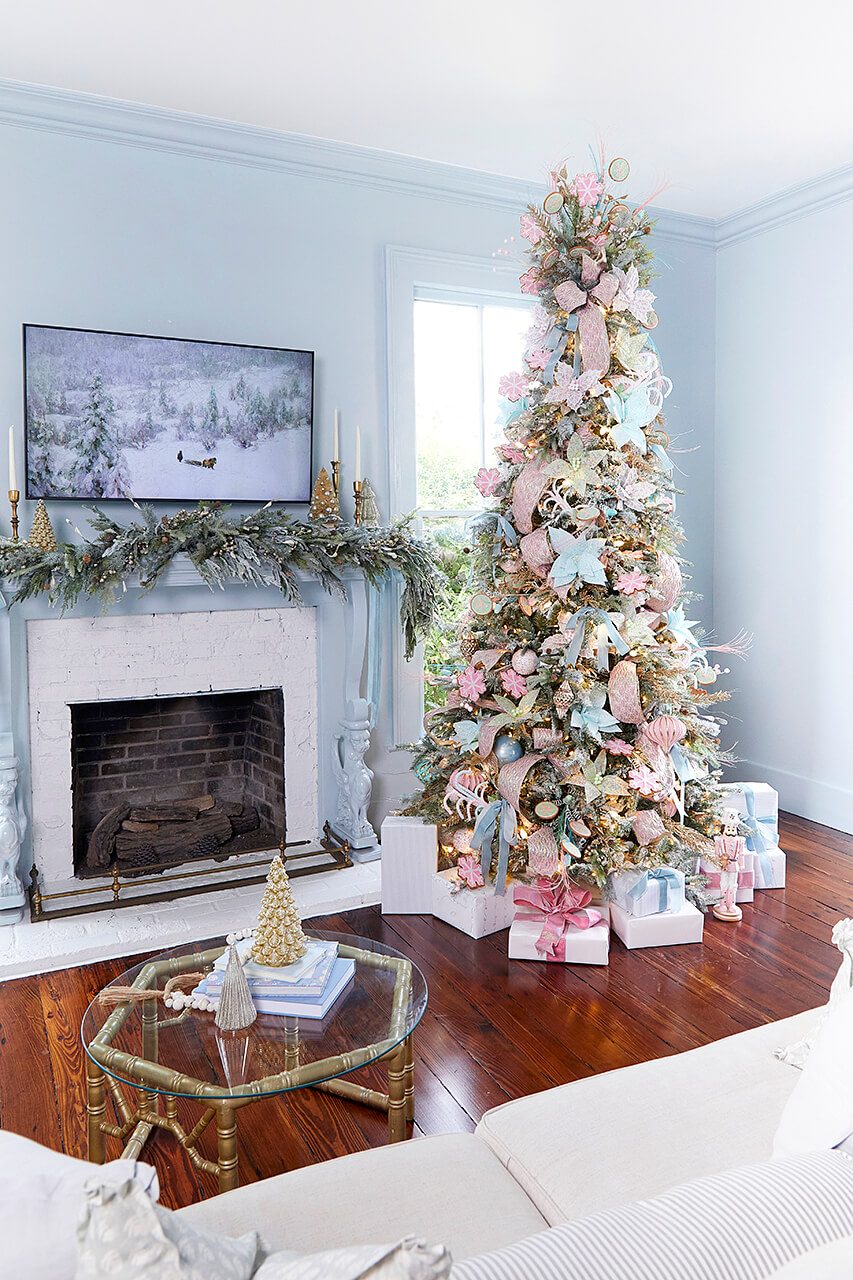 Tall Flocked Christmas Tree with Pink Ribbons and Floral Accents Tall Flocked Christmas Tree with Pink Ribbons and Floral Accents — Pink Christmas Decor