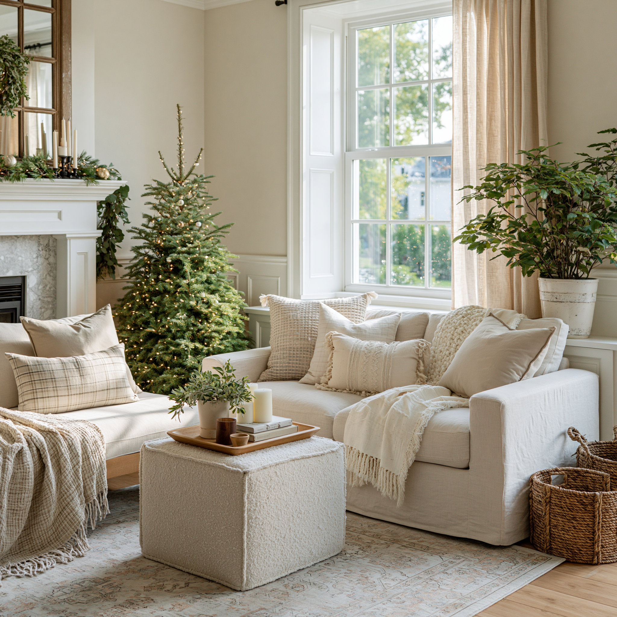 Wide Room Shot Modern Farmhouse Living Room with Decorated Christmas Tree — Cozy Christmas Decor