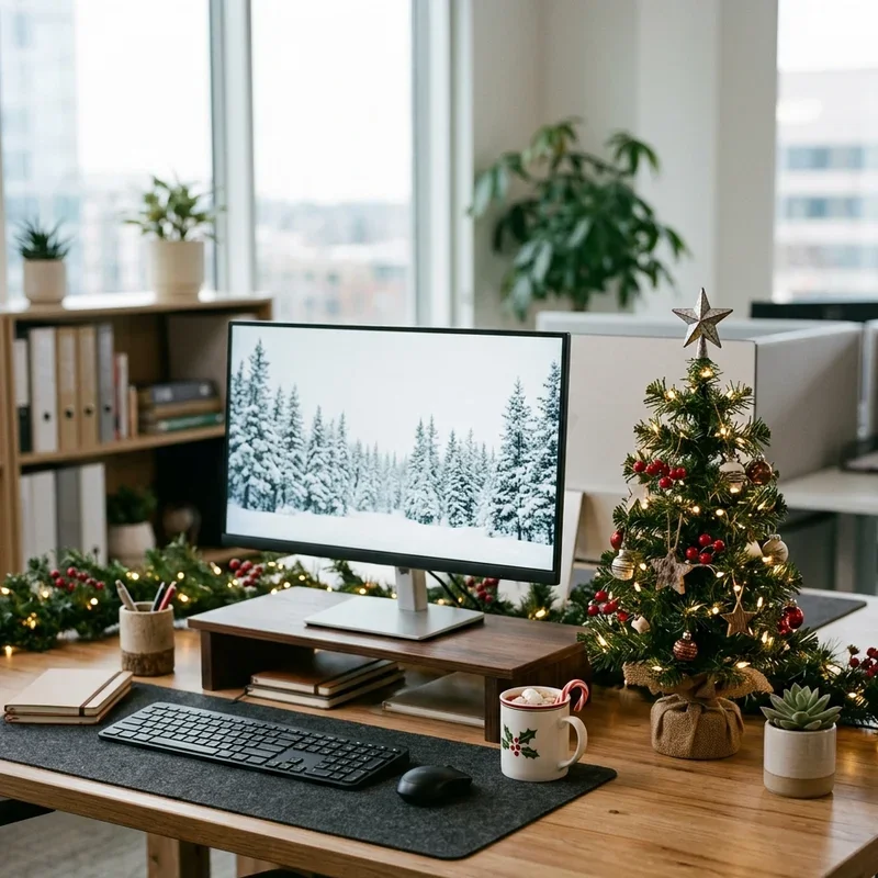 Cozy Mini Christmas Tree and Garland on Wooden Desk Cozy Mini Christmas Tree and Garland on Wooden Desk — Christmas Office Decor Ideas