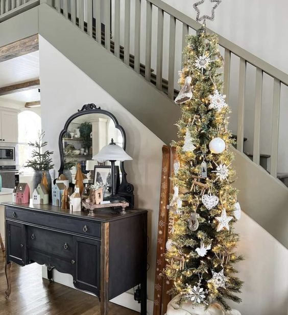 Vintage Slim Tree in an Entryway with Antique Dresser — Slim Christmas Tree Decor