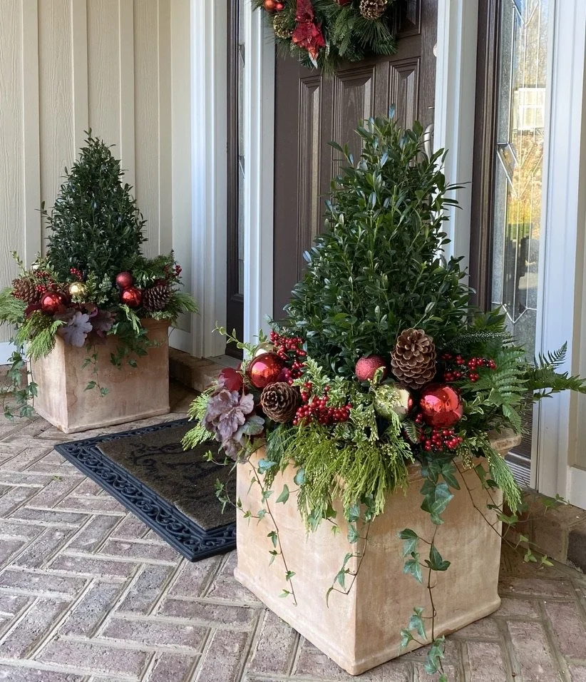 Terracotta Planters with Boxwood Topiary and Red Ornaments Terracotta Planters with Boxwood Topiary and Red Ornaments — Christmas Porch Planters