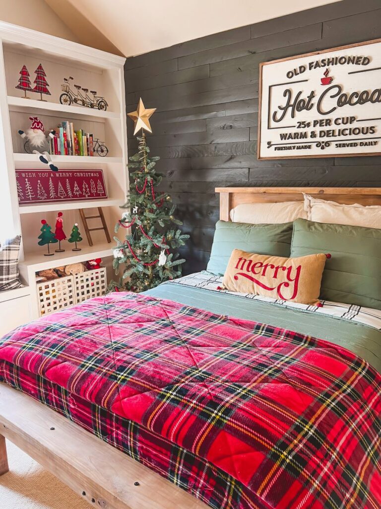 Rustic Christmas Bedroom with Red Plaid Blanket and Mini Tree Rustic Christmas Bedroom with Red Plaid Blanket and Mini Tree — Christmas Bedroom Decor