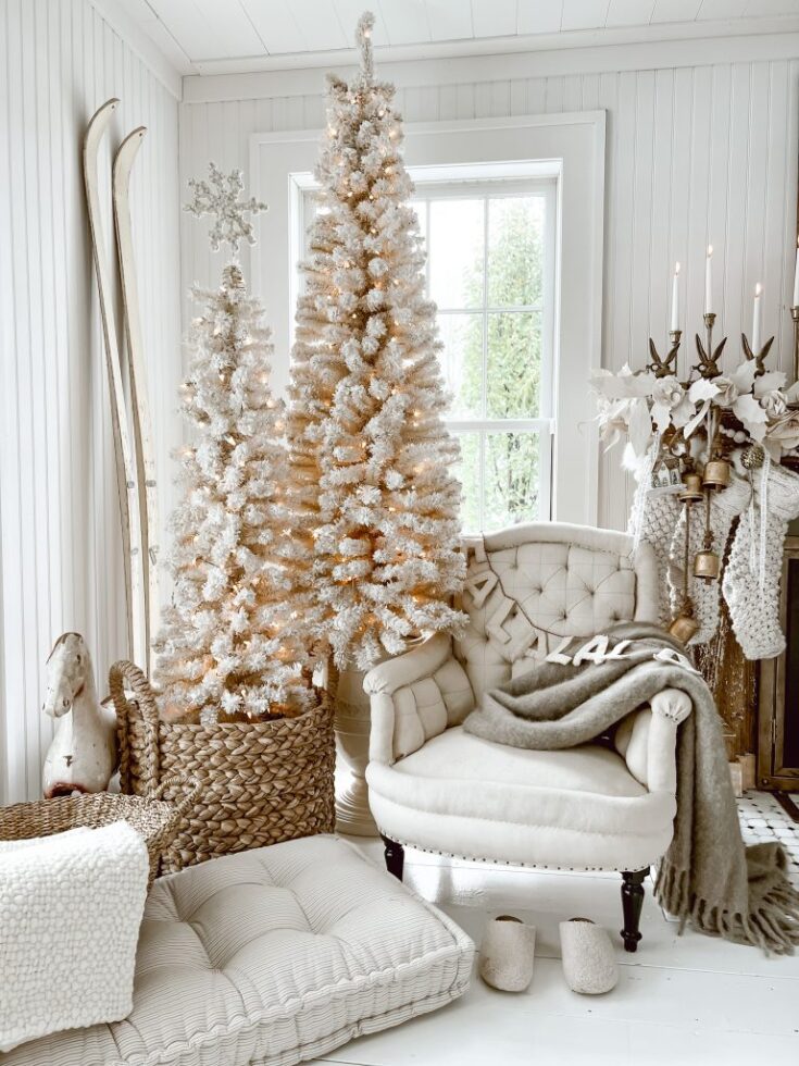 Wide Room Shot Farmhouse Living Room Corner with Two Tall White Christmas Trees Wide Room Shot Farmhouse Living Room Corner with Two Tall White Christmas Trees — White Christmas Decor