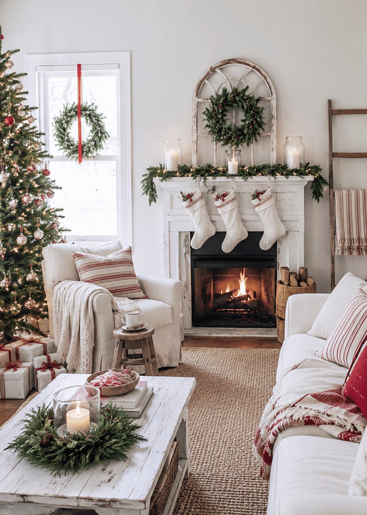 Classic Farmhouse Mantel with Cozy Seating and Fireplace Glow — Christmas Mantel Decor