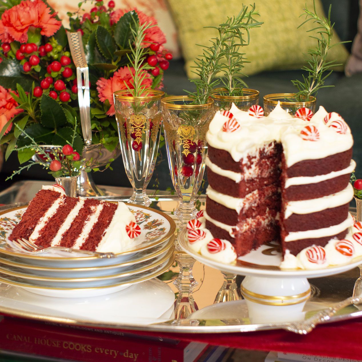 Elegant Red Velvet Cake with Peppermint Candies on a Luxurious Table Elegant Red Velvet Cake with Peppermint Candies on a Luxurious Table — Christmas Dessert Table
