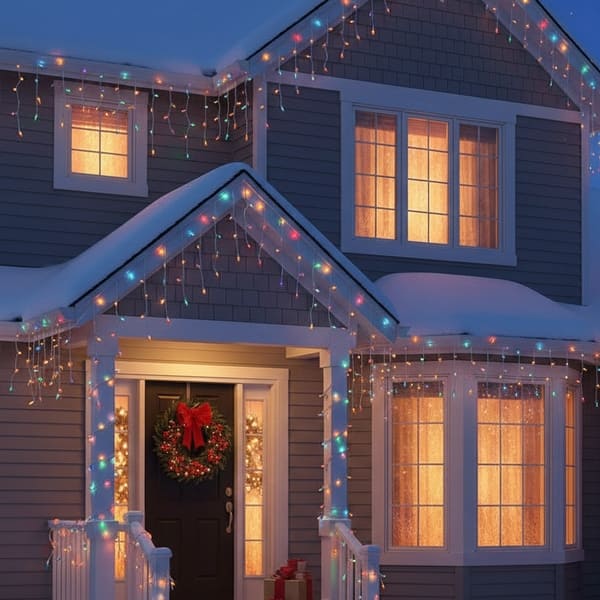 Multicolor Icicle Lights on Rooflines and Porch — Icicle Christmas Lights