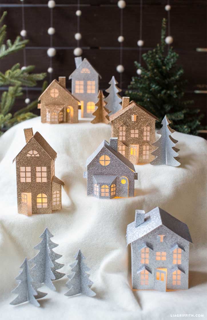 Modern Geometric Paper Houses with Glitter Accents — Christmas Village Display